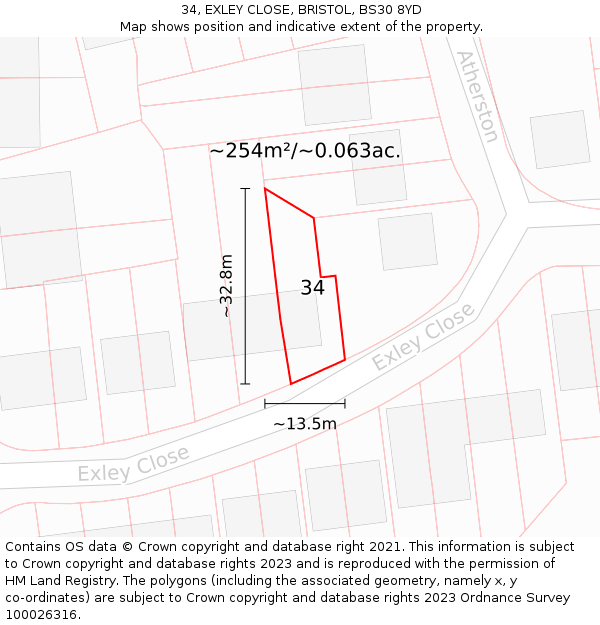 34, EXLEY CLOSE, BRISTOL, BS30 8YD: Plot and title map