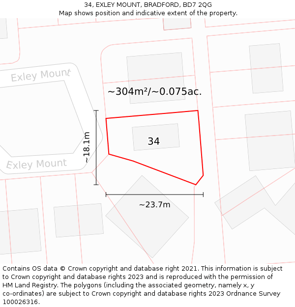 34, EXLEY MOUNT, BRADFORD, BD7 2QG: Plot and title map