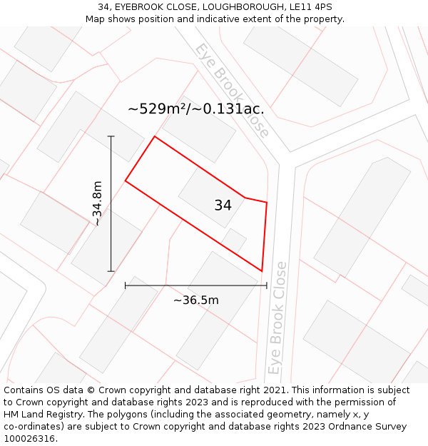 34, EYEBROOK CLOSE, LOUGHBOROUGH, LE11 4PS: Plot and title map