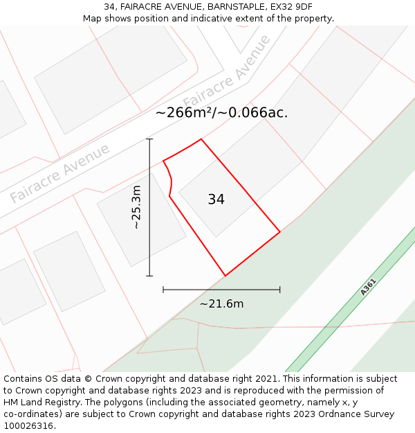 34, FAIRACRE AVENUE, BARNSTAPLE, EX32 9DF: Plot and title map