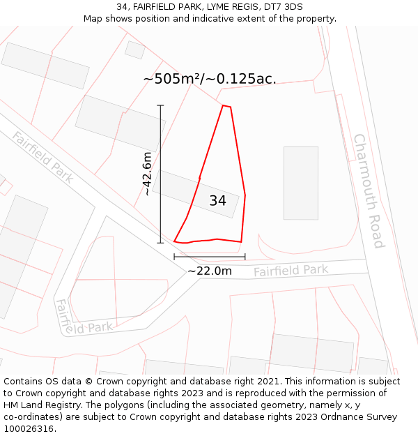 34, FAIRFIELD PARK, LYME REGIS, DT7 3DS: Plot and title map