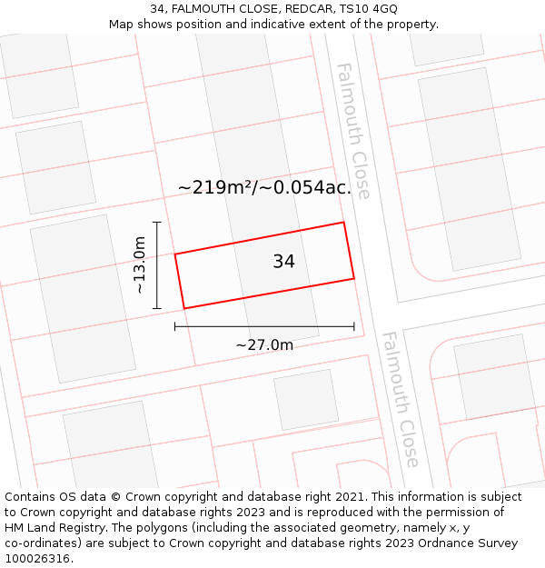 34, FALMOUTH CLOSE, REDCAR, TS10 4GQ: Plot and title map