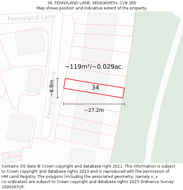 34, FENNYLAND LANE, KENILWORTH, CV8 2RS: Plot and title map