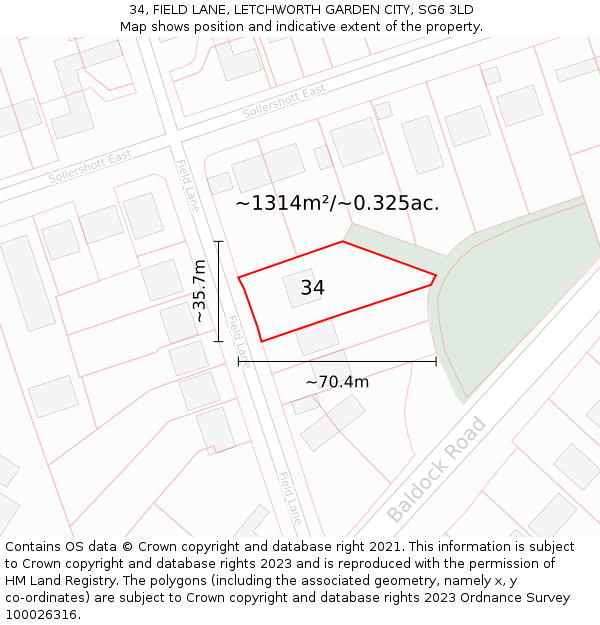 34, FIELD LANE, LETCHWORTH GARDEN CITY, SG6 3LD: Plot and title map