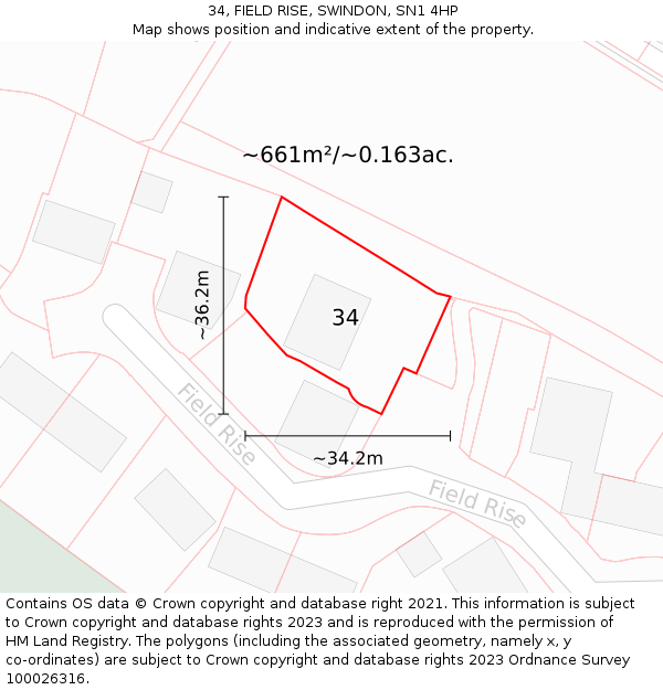 34, FIELD RISE, SWINDON, SN1 4HP: Plot and title map