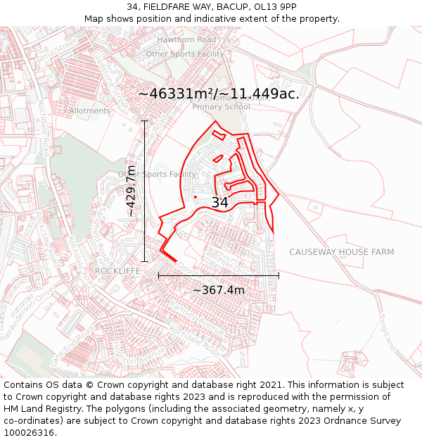34, FIELDFARE WAY, BACUP, OL13 9PP: Plot and title map