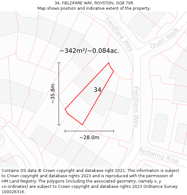 34, FIELDFARE WAY, ROYSTON, SG8 7XR: Plot and title map