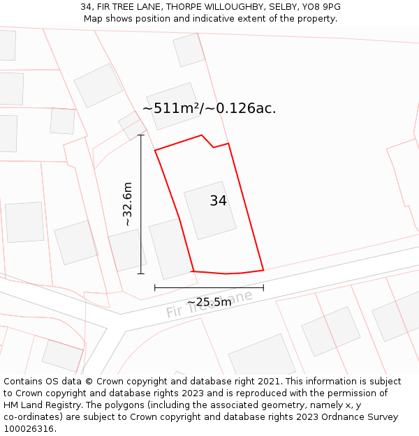 34, FIR TREE LANE, THORPE WILLOUGHBY, SELBY, YO8 9PG: Plot and title map