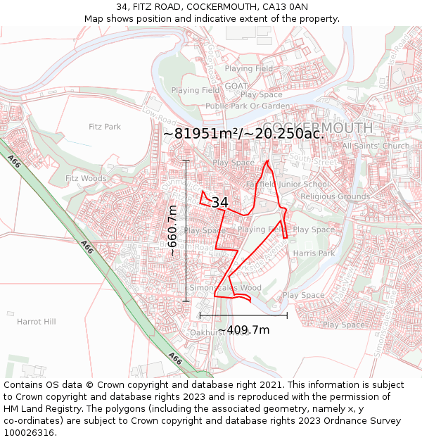 34, FITZ ROAD, COCKERMOUTH, CA13 0AN: Plot and title map