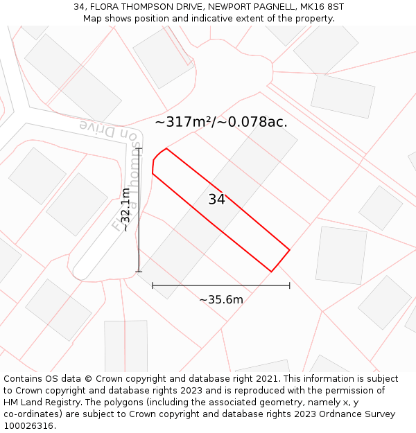 34, FLORA THOMPSON DRIVE, NEWPORT PAGNELL, MK16 8ST: Plot and title map