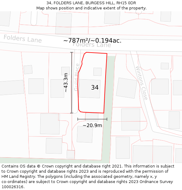 34, FOLDERS LANE, BURGESS HILL, RH15 0DR: Plot and title map