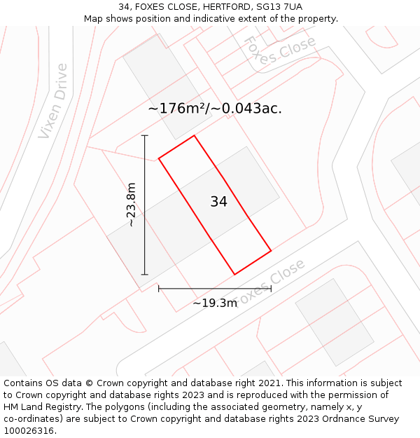 34, FOXES CLOSE, HERTFORD, SG13 7UA: Plot and title map