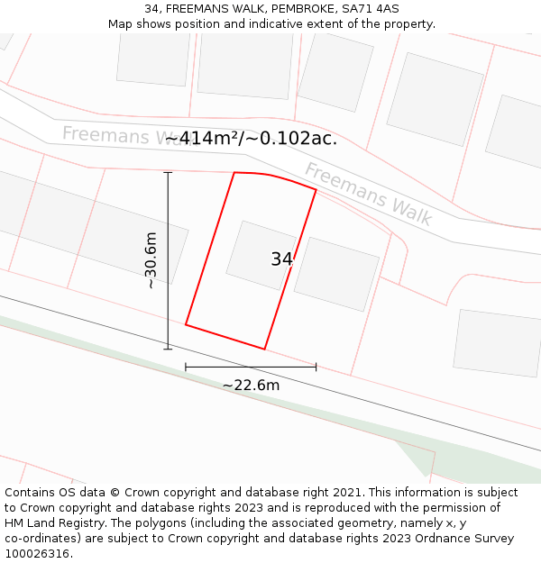 34, FREEMANS WALK, PEMBROKE, SA71 4AS: Plot and title map