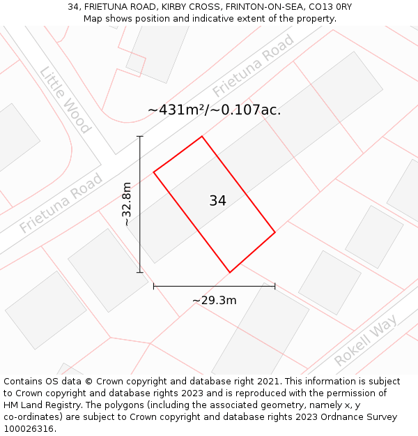 34, FRIETUNA ROAD, KIRBY CROSS, FRINTON-ON-SEA, CO13 0RY: Plot and title map