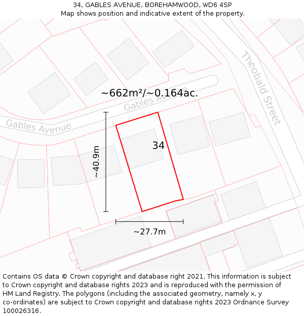 34, GABLES AVENUE, BOREHAMWOOD, WD6 4SP: Plot and title map