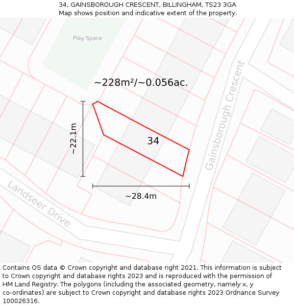 34, GAINSBOROUGH CRESCENT, BILLINGHAM, TS23 3GA: Plot and title map