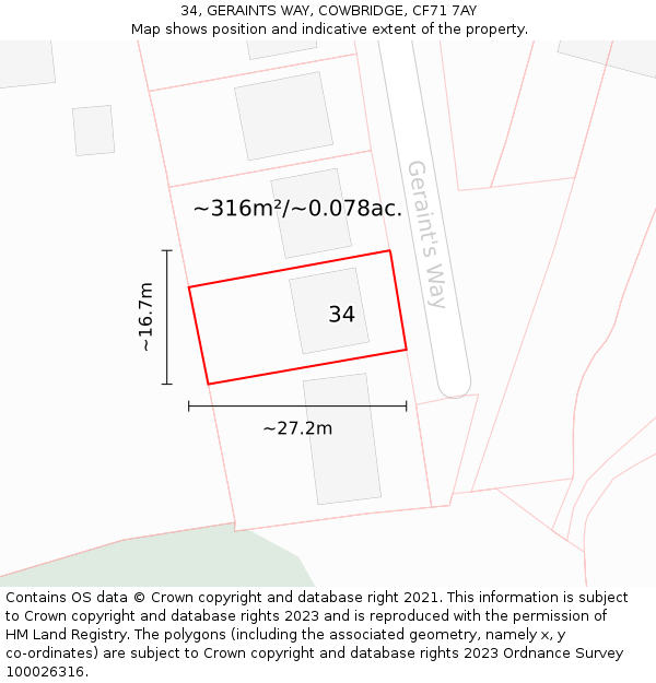 34, GERAINTS WAY, COWBRIDGE, CF71 7AY: Plot and title map