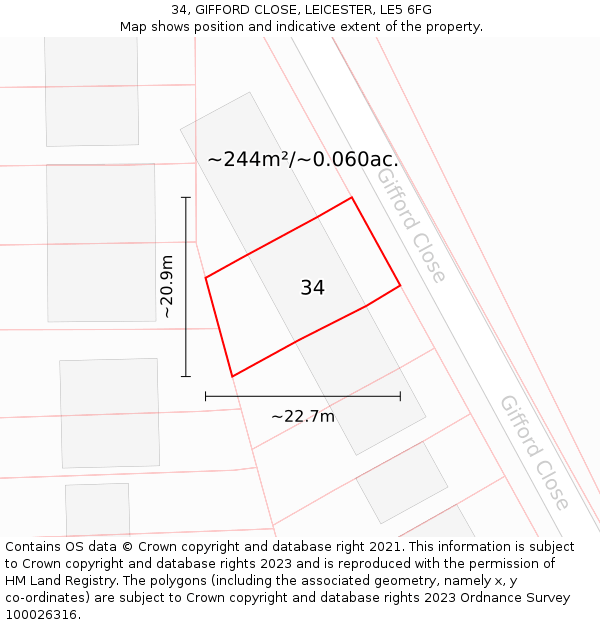 34, GIFFORD CLOSE, LEICESTER, LE5 6FG: Plot and title map