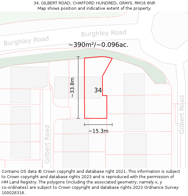 34, GILBERT ROAD, CHAFFORD HUNDRED, GRAYS, RM16 6NR: Plot and title map