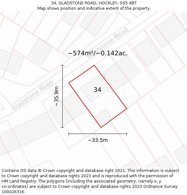 34, GLADSTONE ROAD, HOCKLEY, SS5 4BT: Plot and title map