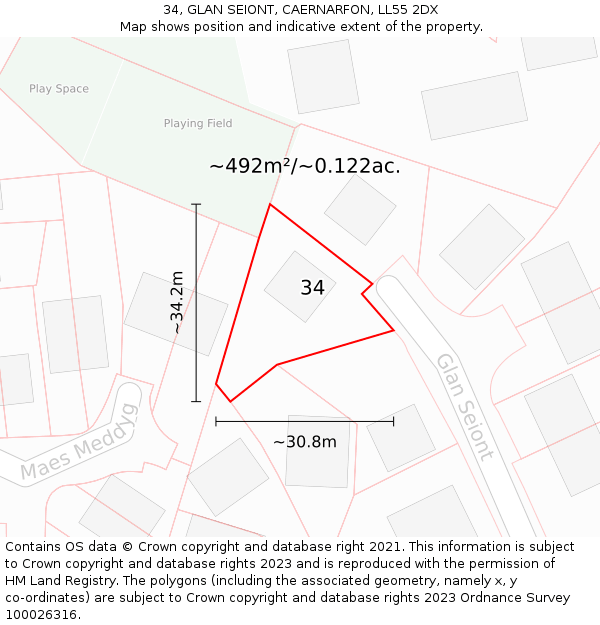 34, GLAN SEIONT, CAERNARFON, LL55 2DX: Plot and title map