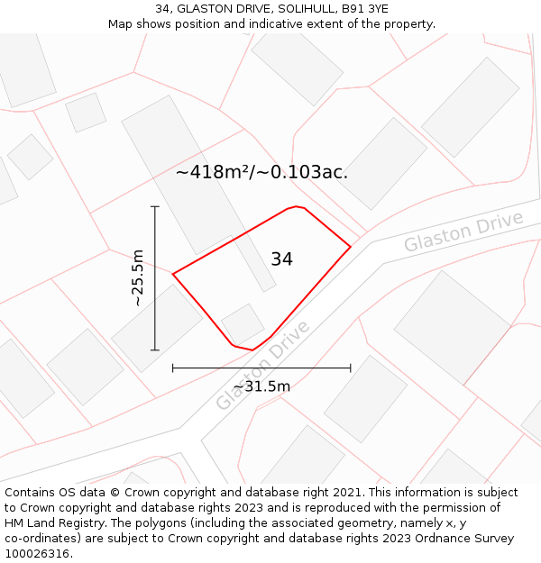 34, GLASTON DRIVE, SOLIHULL, B91 3YE: Plot and title map