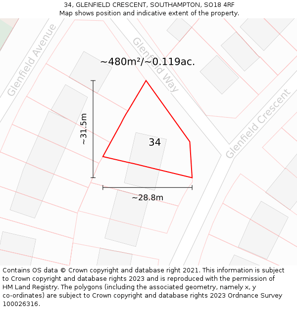 34, GLENFIELD CRESCENT, SOUTHAMPTON, SO18 4RF: Plot and title map