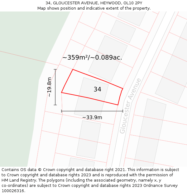 34, GLOUCESTER AVENUE, HEYWOOD, OL10 2PY: Plot and title map