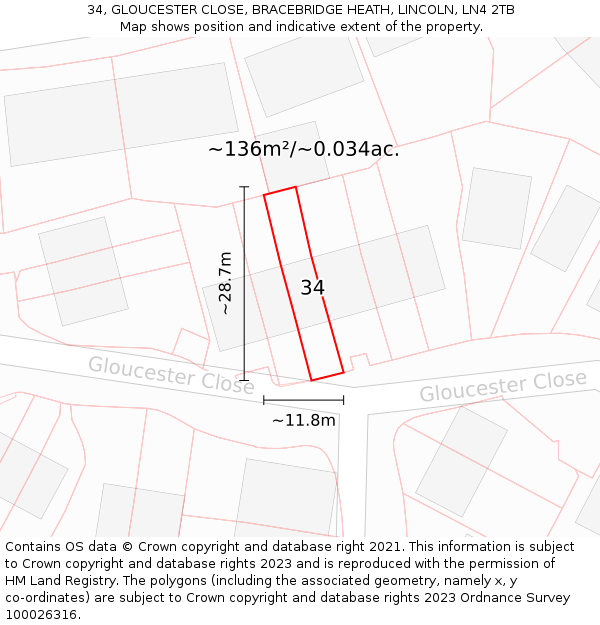 34, GLOUCESTER CLOSE, BRACEBRIDGE HEATH, LINCOLN, LN4 2TB: Plot and title map