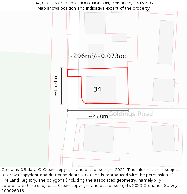 34, GOLDINGS ROAD, HOOK NORTON, BANBURY, OX15 5FG: Plot and title map