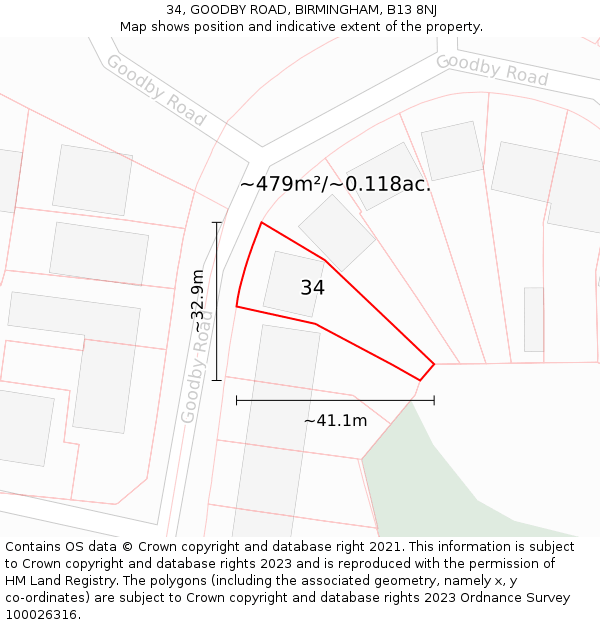 34, GOODBY ROAD, BIRMINGHAM, B13 8NJ: Plot and title map