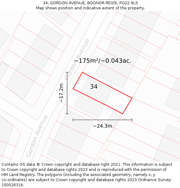 34, GORDON AVENUE, BOGNOR REGIS, PO22 9LS: Plot and title map