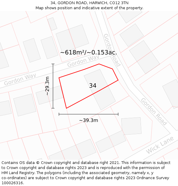 34, GORDON ROAD, HARWICH, CO12 3TN: Plot and title map