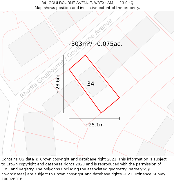 34, GOULBOURNE AVENUE, WREXHAM, LL13 9HQ: Plot and title map