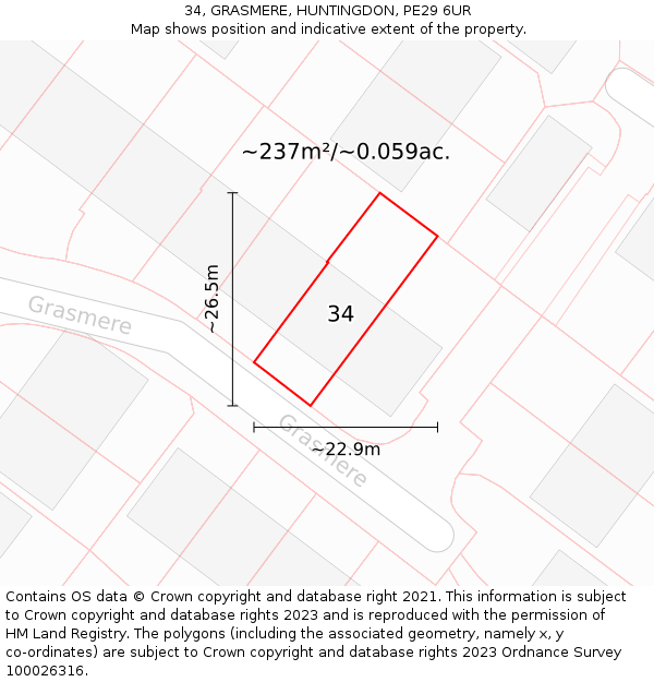 34, GRASMERE, HUNTINGDON, PE29 6UR: Plot and title map