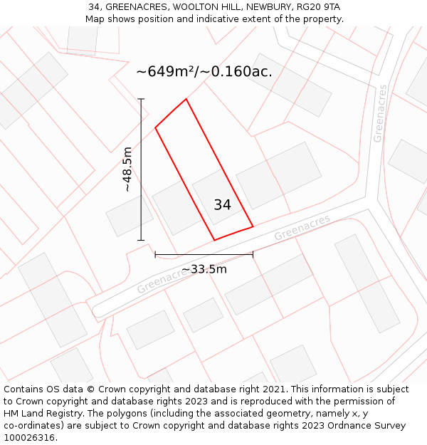 34, GREENACRES, WOOLTON HILL, NEWBURY, RG20 9TA: Plot and title map