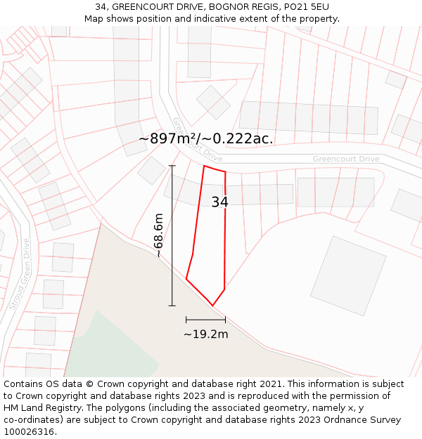 34, GREENCOURT DRIVE, BOGNOR REGIS, PO21 5EU: Plot and title map