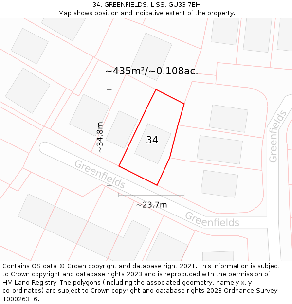 34, GREENFIELDS, LISS, GU33 7EH: Plot and title map