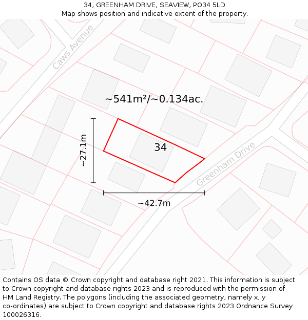 34, GREENHAM DRIVE, SEAVIEW, PO34 5LD: Plot and title map