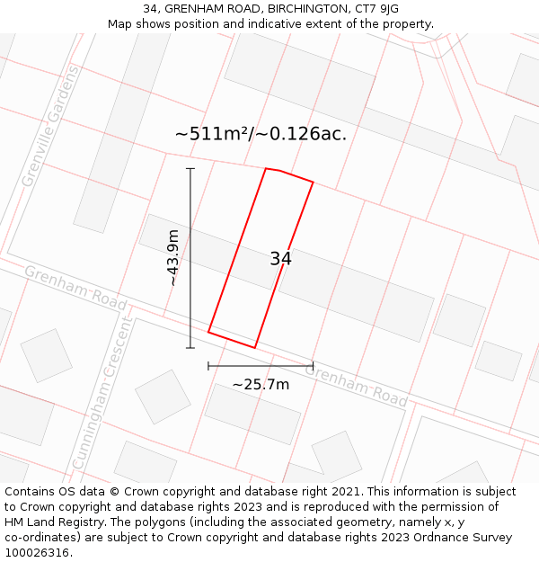 34, GRENHAM ROAD, BIRCHINGTON, CT7 9JG: Plot and title map