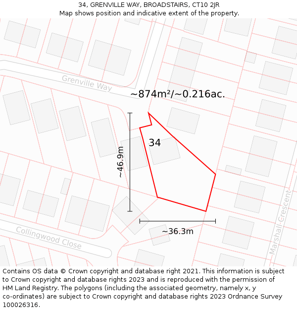 34, GRENVILLE WAY, BROADSTAIRS, CT10 2JR: Plot and title map