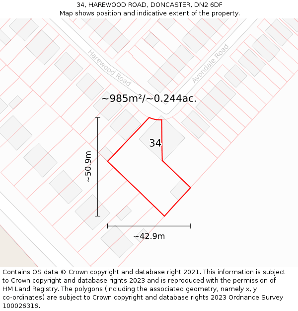 34, HAREWOOD ROAD, DONCASTER, DN2 6DF: Plot and title map