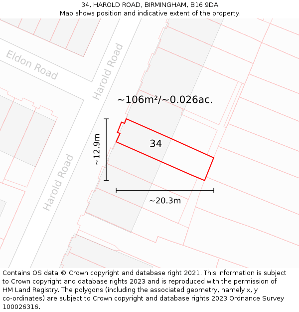 34, HAROLD ROAD, BIRMINGHAM, B16 9DA: Plot and title map