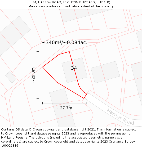 34, HARROW ROAD, LEIGHTON BUZZARD, LU7 4UQ: Plot and title map