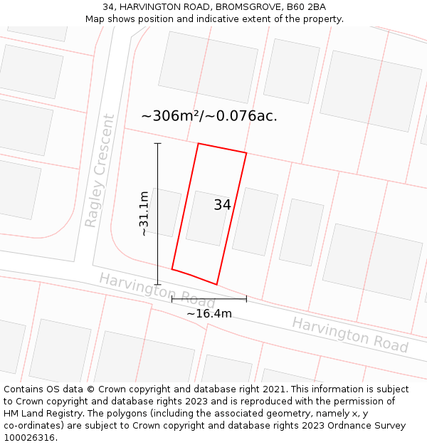 34, HARVINGTON ROAD, BROMSGROVE, B60 2BA: Plot and title map