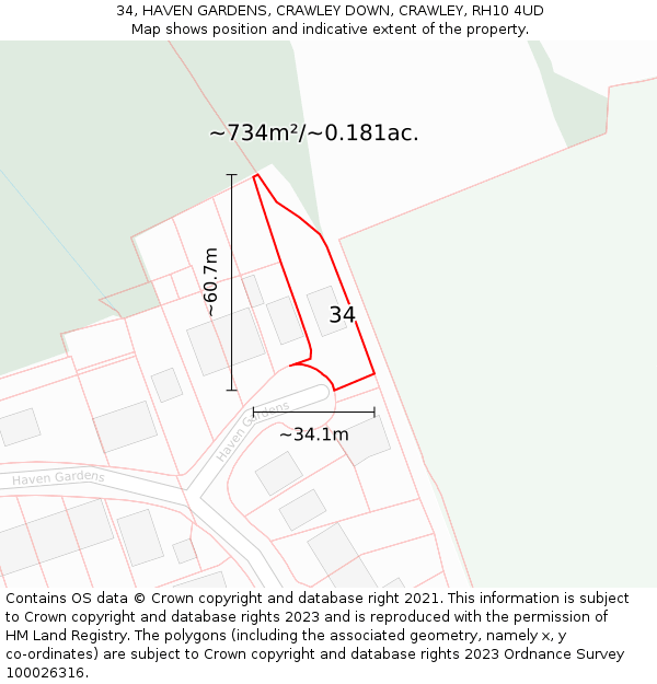 34, HAVEN GARDENS, CRAWLEY DOWN, CRAWLEY, RH10 4UD: Plot and title map