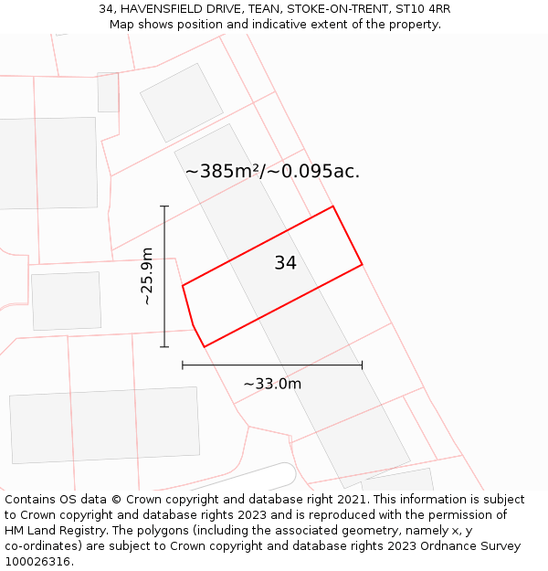 34, HAVENSFIELD DRIVE, TEAN, STOKE-ON-TRENT, ST10 4RR: Plot and title map
