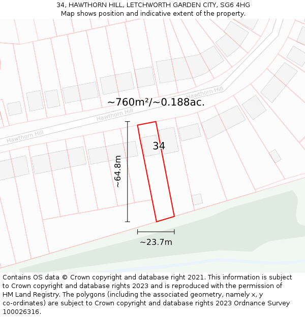 34, HAWTHORN HILL, LETCHWORTH GARDEN CITY, SG6 4HG: Plot and title map