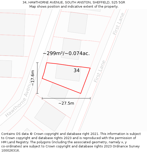 34, HAWTHORNE AVENUE, SOUTH ANSTON, SHEFFIELD, S25 5GR: Plot and title map