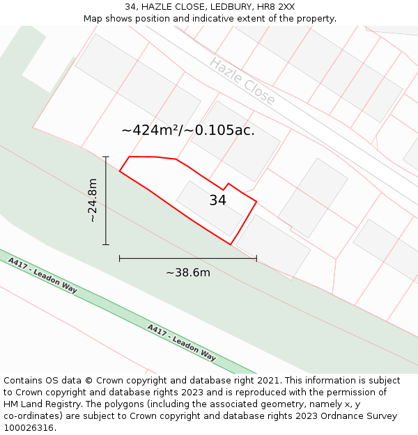 34, HAZLE CLOSE, LEDBURY, HR8 2XX: Plot and title map